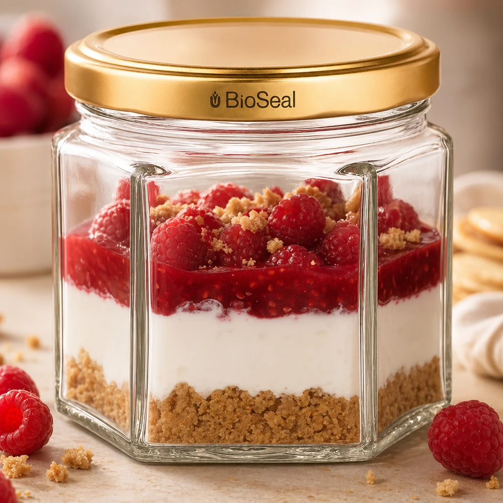 UNiTWIST Hexa47 mit goldenem BioSeal Deckel als Dessertglas mit Himbeer-Schichtdessert und Streuseln gefüllt