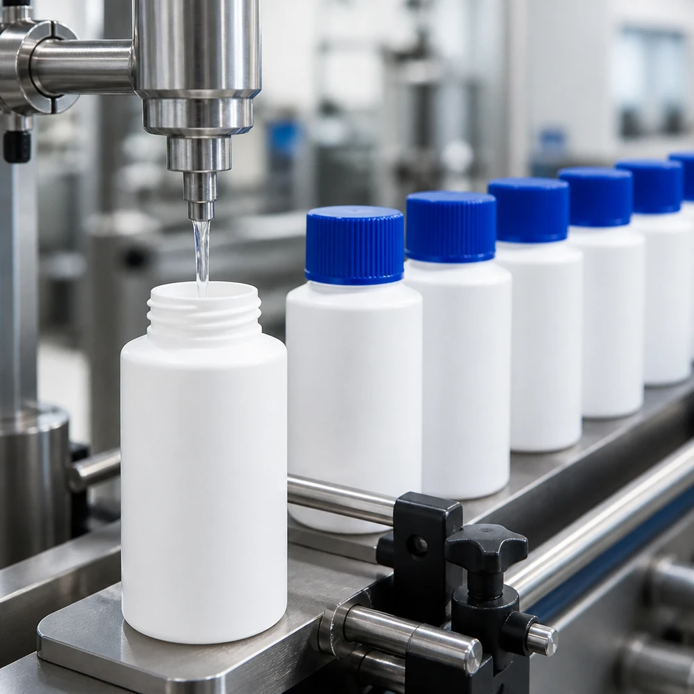 Flacons en PEHD de haute pureté, 30 ml, blancs avec un « SV » bleu, destinés au processus de conditionnement pharmaceutique