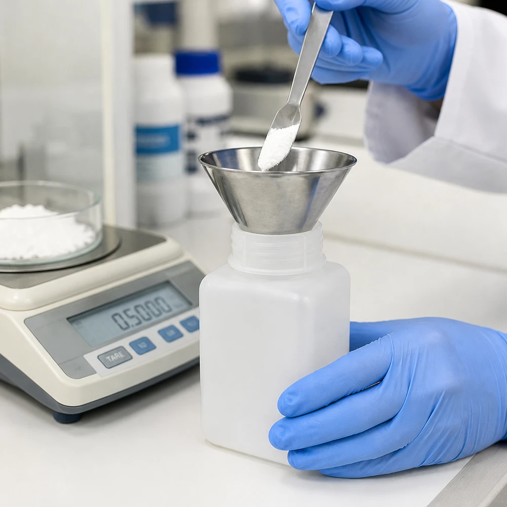Flacon robuste pour produits chimiques de 1 000 ml en PE-HD naturel, doté d'une large ouverture pour le remplissage de poudre