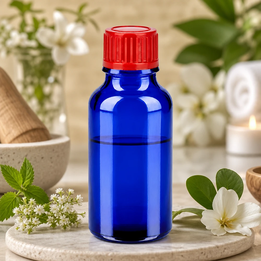 Pratico flacone in vetro da 20 ml, blu cobalto, con tappo rosso ergonomico per una facile manipolazione.