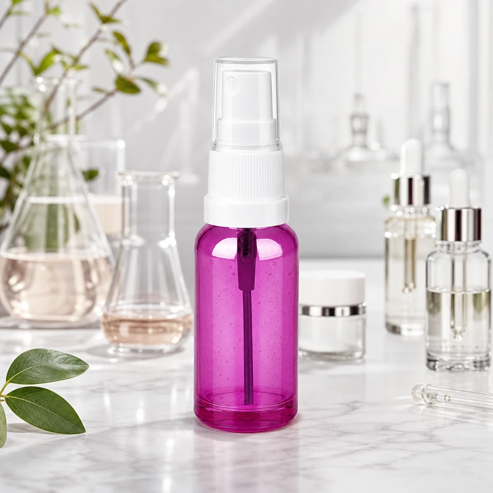 20ml Sprayflasche weiss/transparent Standard PurpleLine UT18/20 Elegante 20ml Sprühflasche in lila Optik mit weißer Pumpeinheit für Hautpflege und Wellness