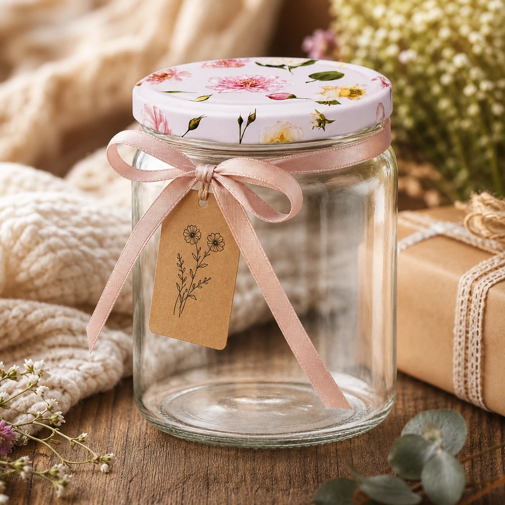 Barattolo rotondo da 408 ml + coperchio BasicSeal rosa fiore UNiTWIST Barattolo rotondo da 408 ml con coperchio a fiore rosa BasicSeal decorativo con fiocco ciondolante confezione regalo barattolo da conserva