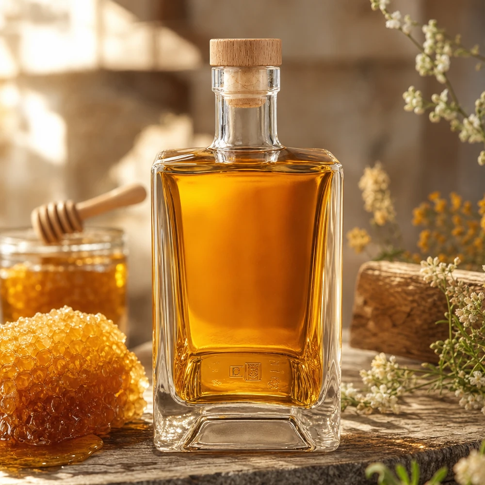 Bottiglia di vetro da 700 ml Ben riempita di miele accanto a favo e vasetto di miele decorazione rustica tappo di legno UNiTWIST