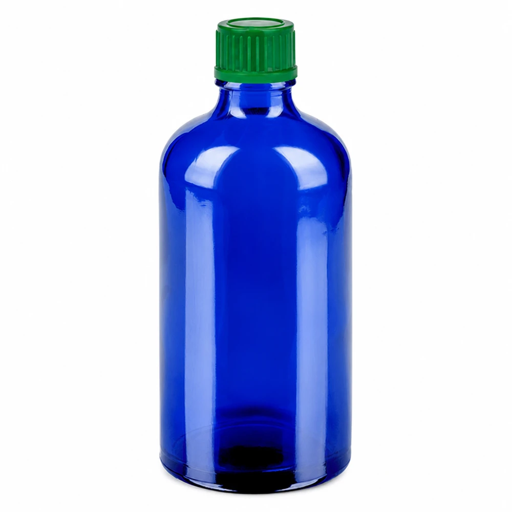 Flacon de 100ml 11mm SV vert STD BlueLine UT18/100 Bouteille en verre de haute qualité 100ml bleue avec protection UV et bouchon vert à l'épreuve des enfants