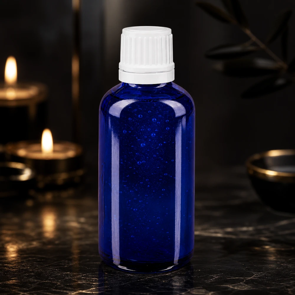 Flacon élancé en verre bleu de 50 ml avec bouchon à vis blanc, posé sur du marbre foncé