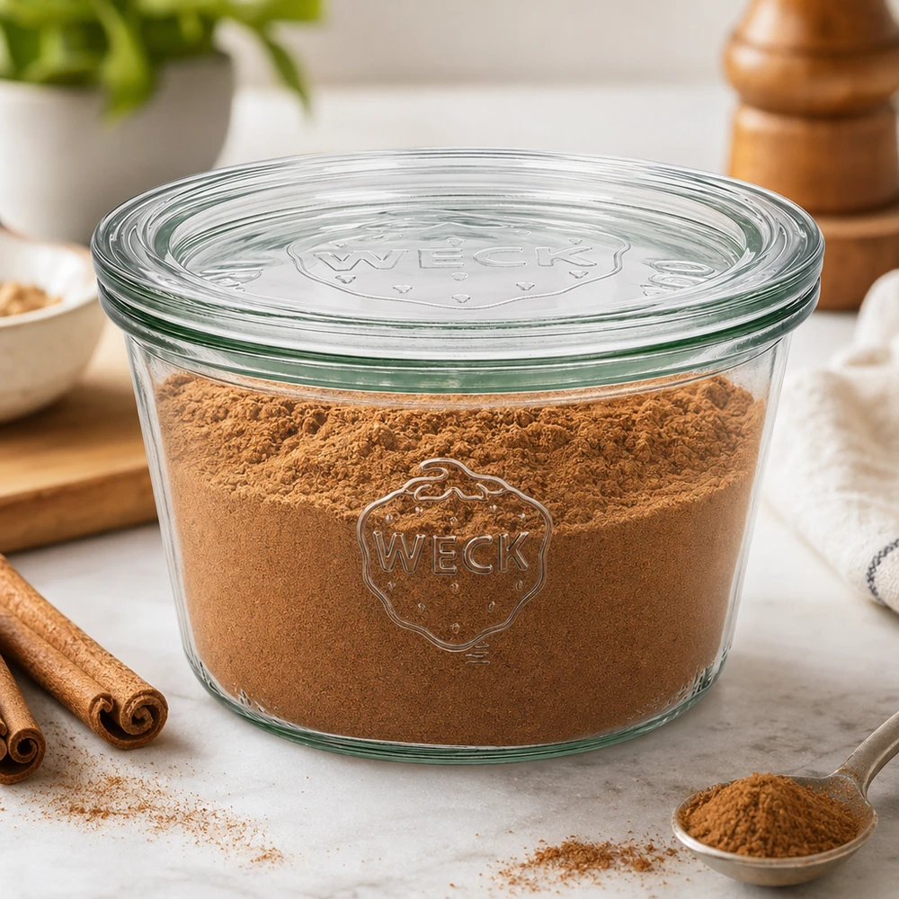 WECK Sturzglas 370ml RR100 gefüllt mit Kakaopulver umgeben von Zimtstangen als Gewürzaufbewahrung in der Küche