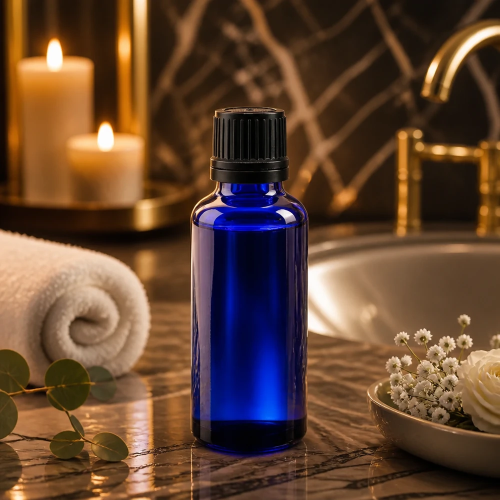 Flacon ApoGlas bleu de 30 ml avec bouchon à vis noir, posé sur du marbre à côté de bougies et d'une serviette