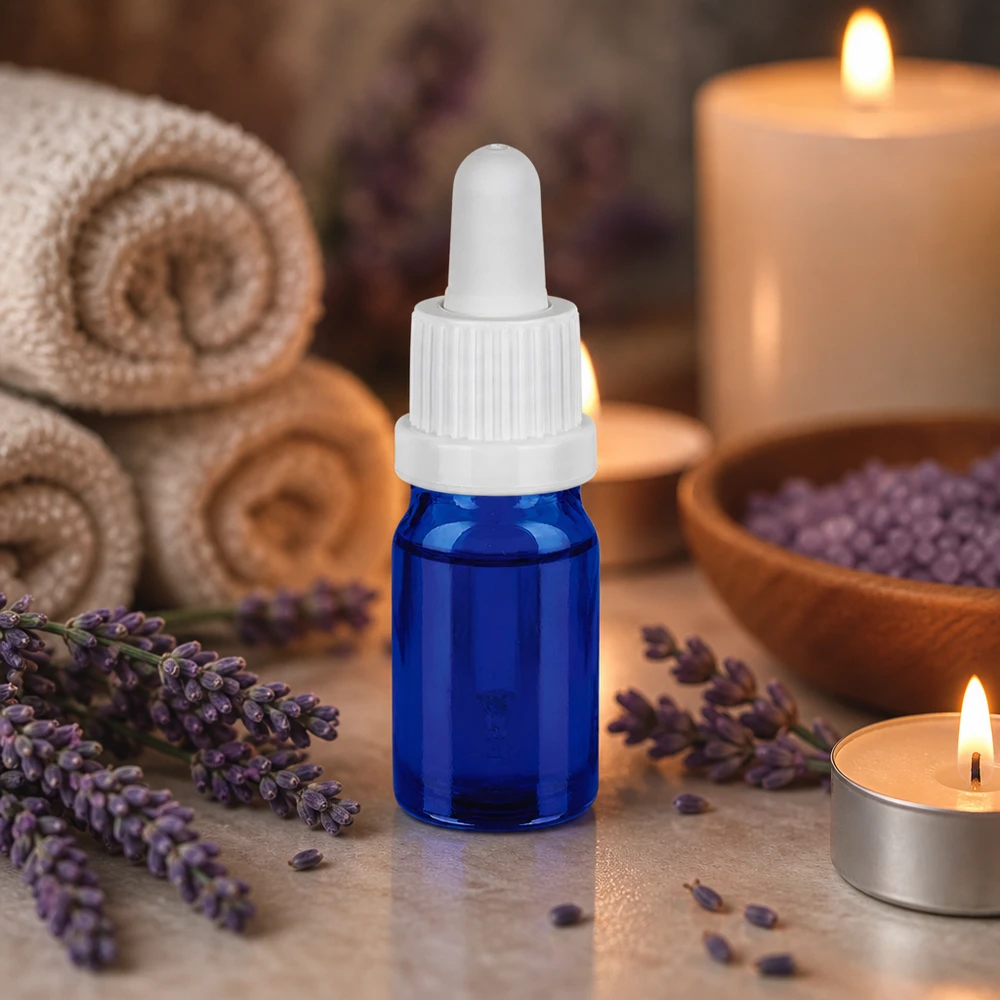 Elegante flacone a pipetta blu da 5 ml con superficie opaca e sistema di gocciolamento funzionale
