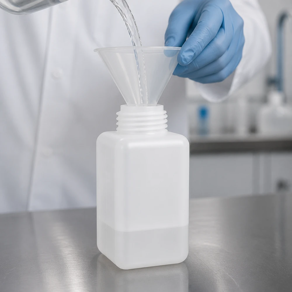 Flacon à produits chimiques 1000 ml à col étroit, PEHD couleur naturelle, avec bouchon GL 32 Remplissage d'un flacon robuste de 1 000 ml en PE-HD destiné aux produits chimiques avec un liquide transparent dans un laboratoire spécialisé