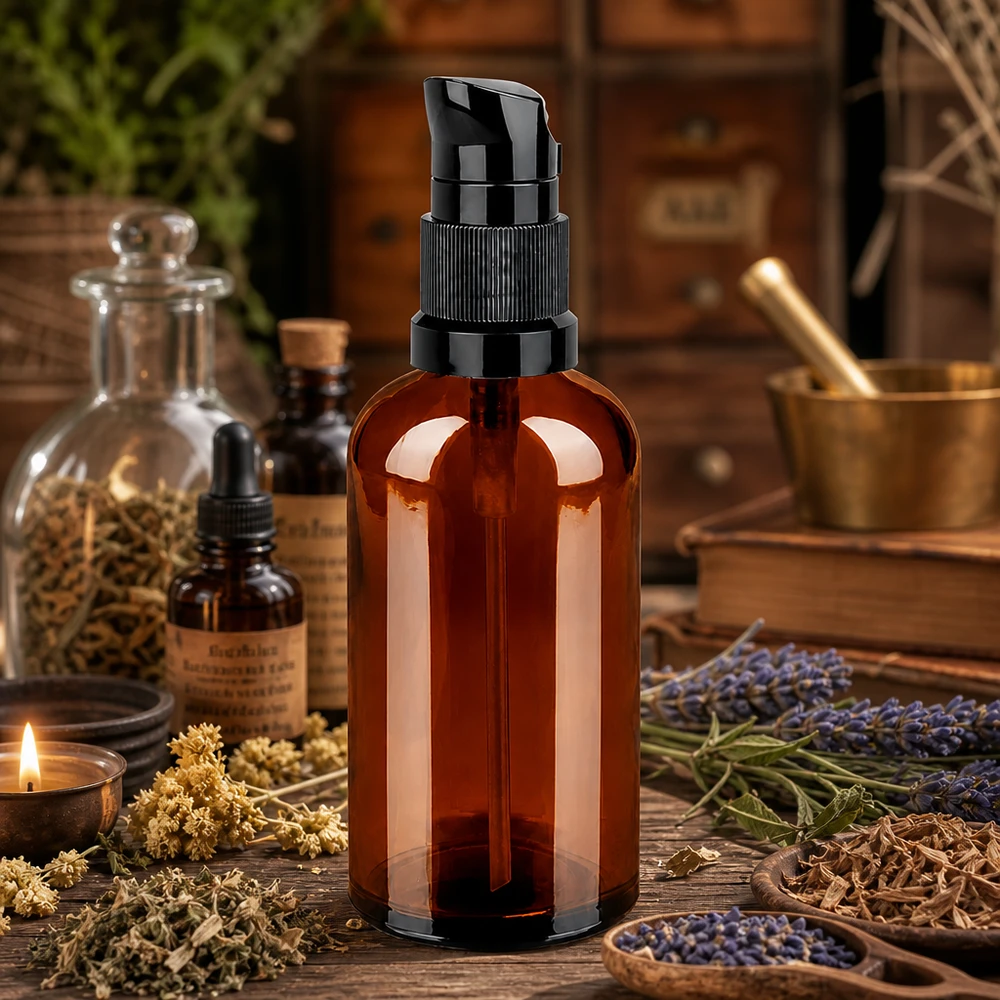 Confezione sostenibile in vetro da 100 ml marrone con sistema a pompa nero resistente per il riempimento