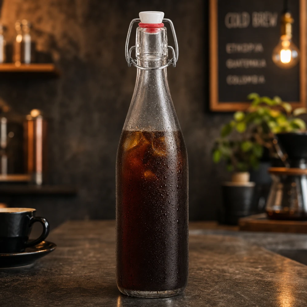 Bottiglia in vetro da 500 ml con tappo girevole, riempita con caffè freddo in un'atmosfera rustica da bar.