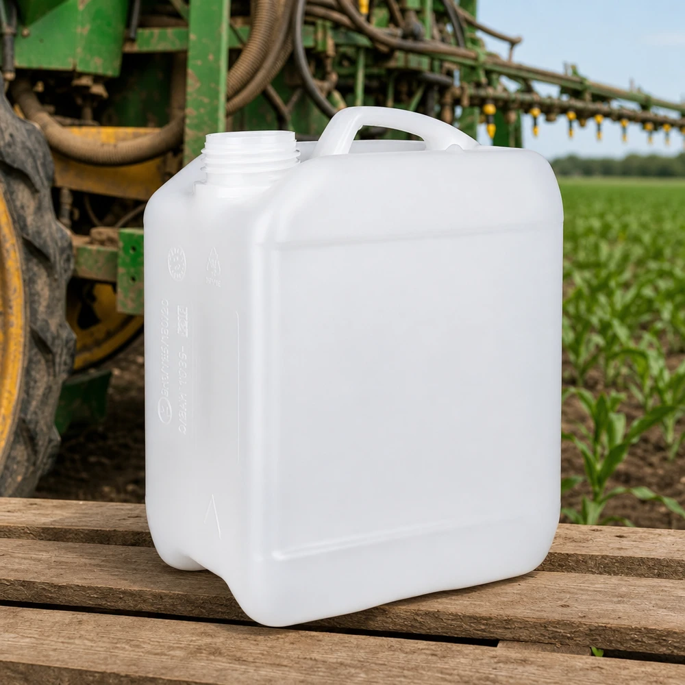 Bidon de 2,5 litres sans bouchon Bidon blanc de 2,5 litres sans bouchon, posé sur une palette en bois devant un pulvérisateur agricole John Deere