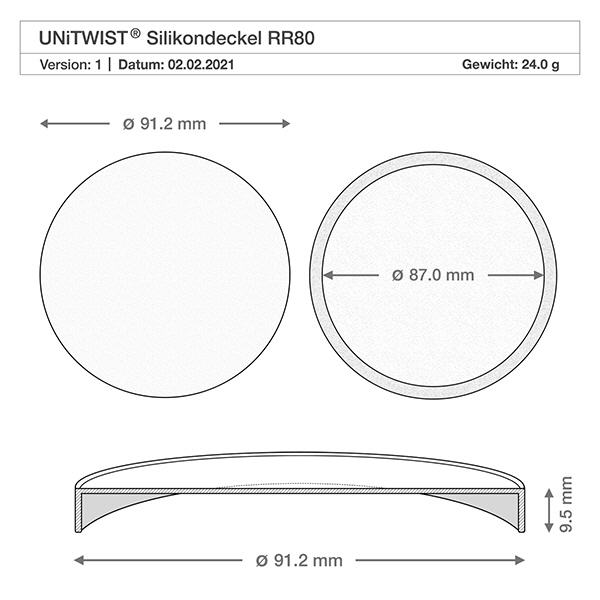 Coperchio in silicone bianco UNiTWIST per WECK RR80 Disegno tecnico del coperchio in silicone UNiTWIST RR80 con dimensioni di 91,2 mm di diametro esterno e 87 mm di diametro interno.