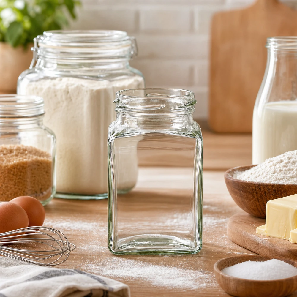 Barattolo vuoto UNiTWIST Tetra260 a 4 angoli 260ml TO58 sul piano di lavoro della cucina con ingredienti da forno e barattoli di stoccaggio