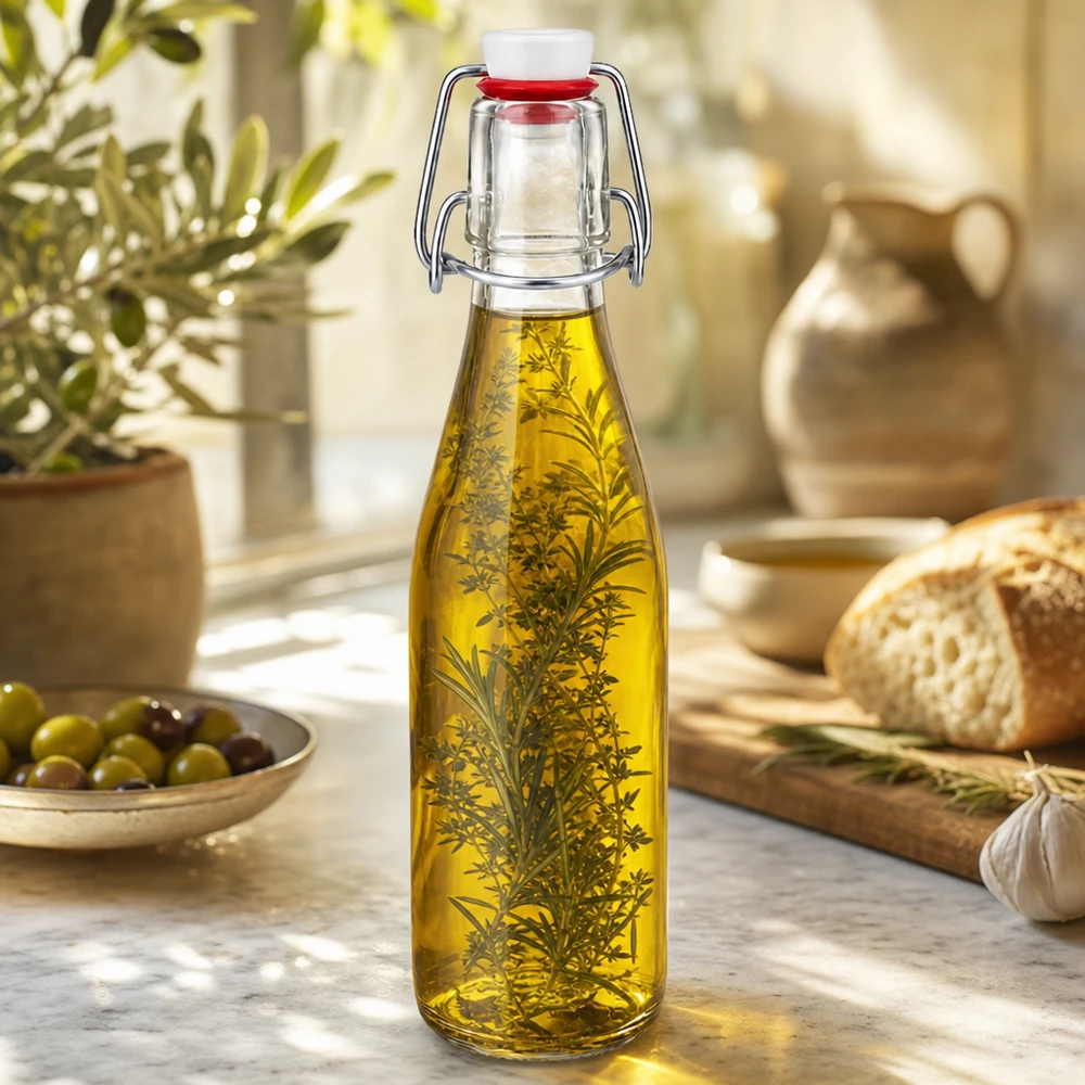 Bottiglia in vetro da 250 ml con tappo girevole riempita di olio alle erbe, scena decorativa di cucina con olive e pane