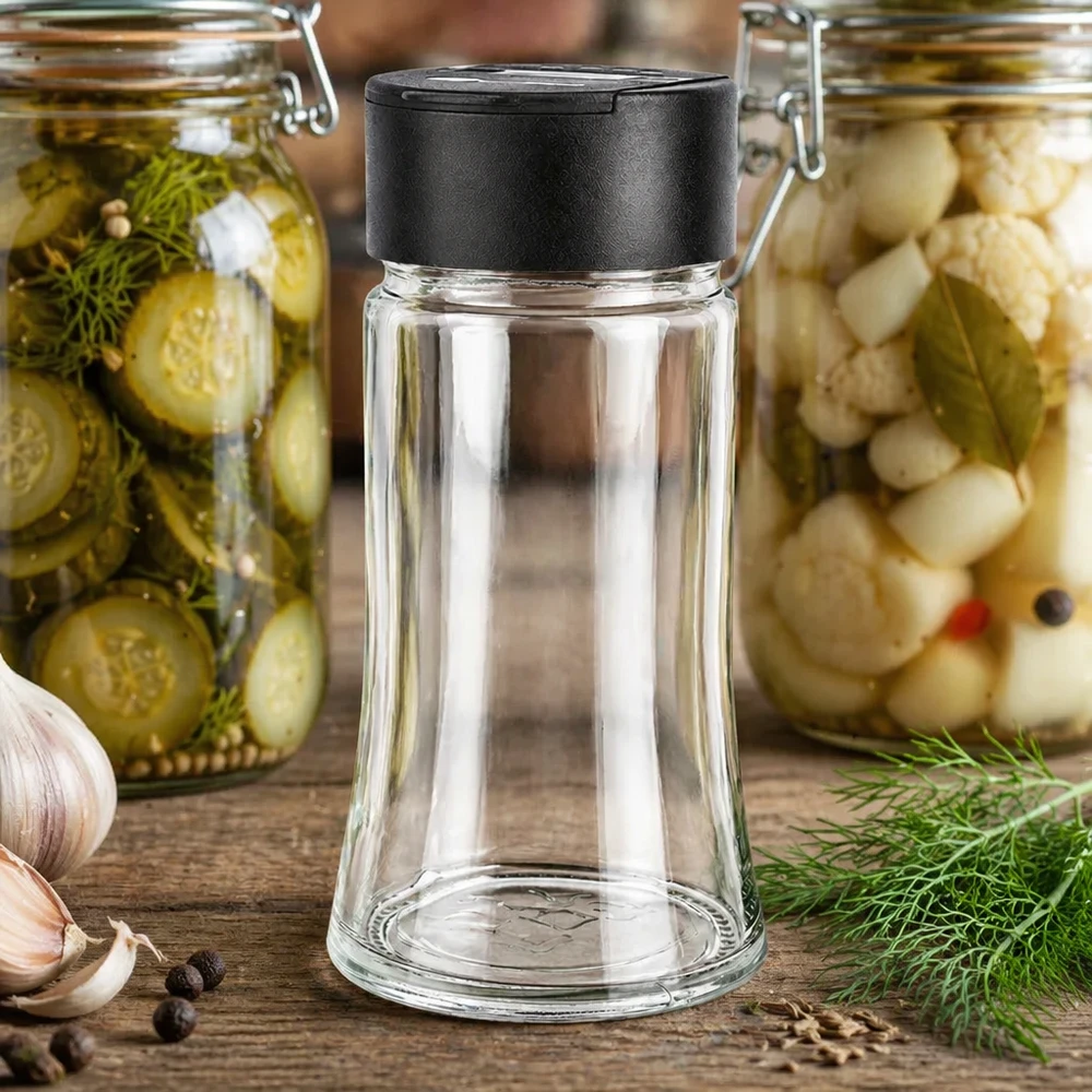 Pot à sel/épices 95 ml avec double saupoudreuse, noir Kompakter Gewürzglasbehälter 95ml mit schwarzem Doppelstreuer neben frischem Dill und Pfeffer