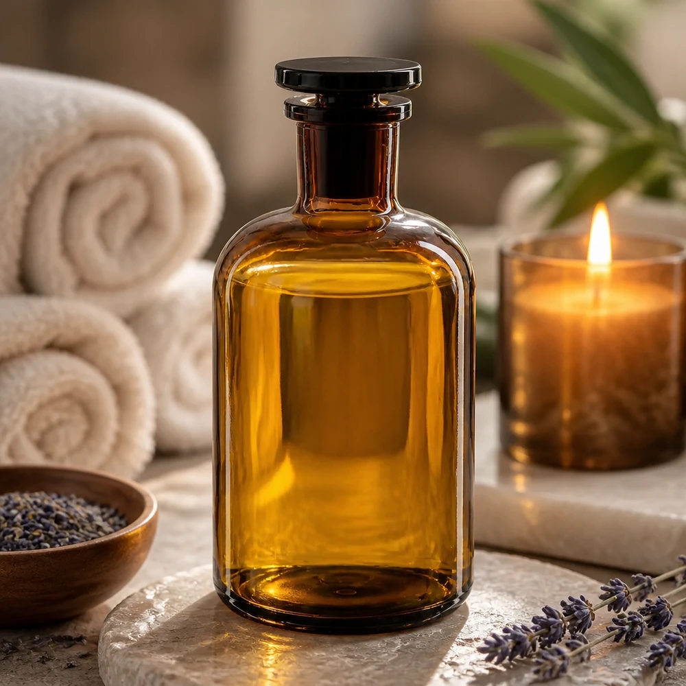 Bottiglia a spalla tonda 500ml marrone collo stretto in vetro con tappo Spa Ambiente, flacone marrone a spalle arrotondate da 500 ml, collo stretto, tappo in vetro, per la conservazione di oli aromatici