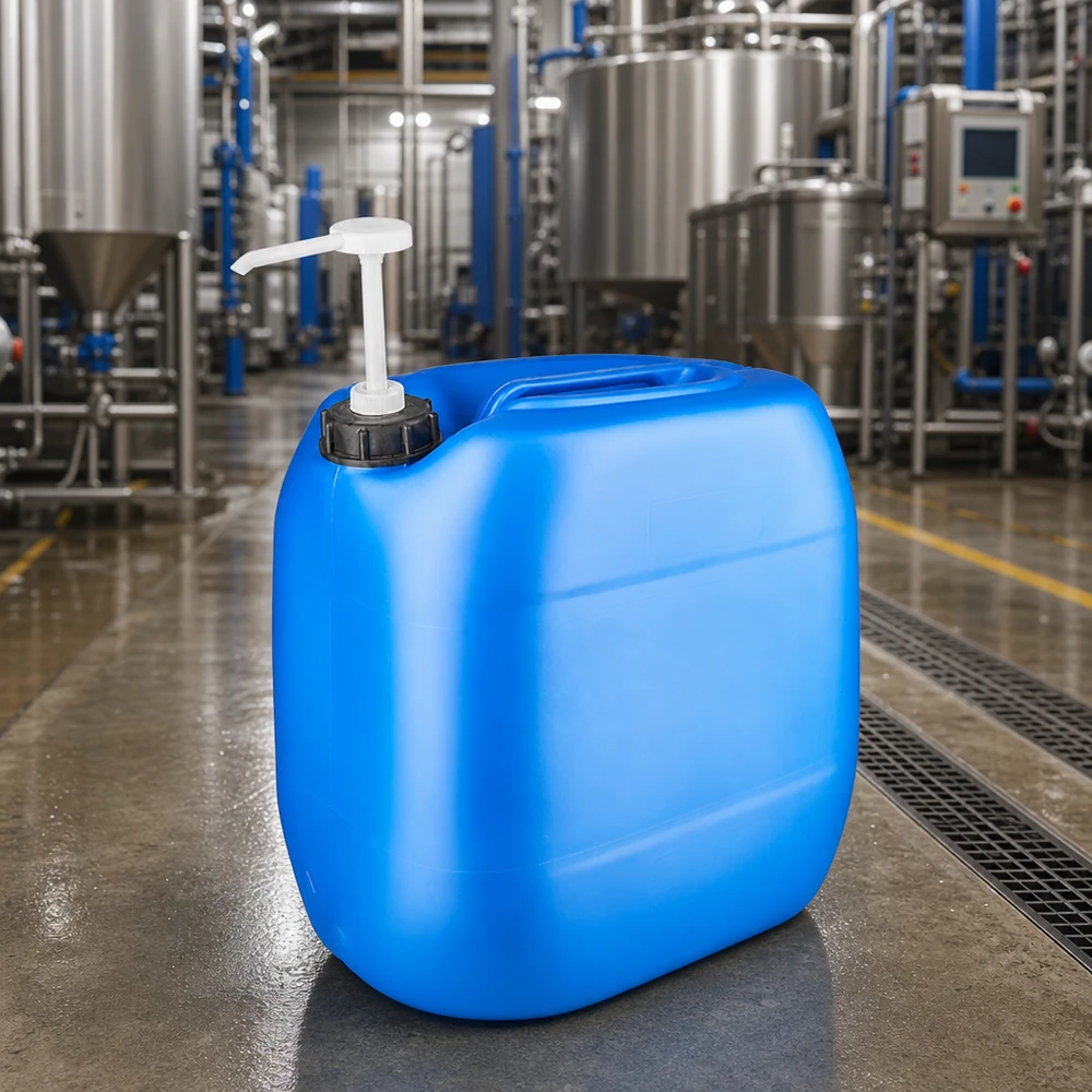 Bidon de 30 litres bleu avec pompe doseuse Bidon industriel rectangulaire bleu de 30 litres avec pompe doseuse, fabriqué dans une usine de production moderne