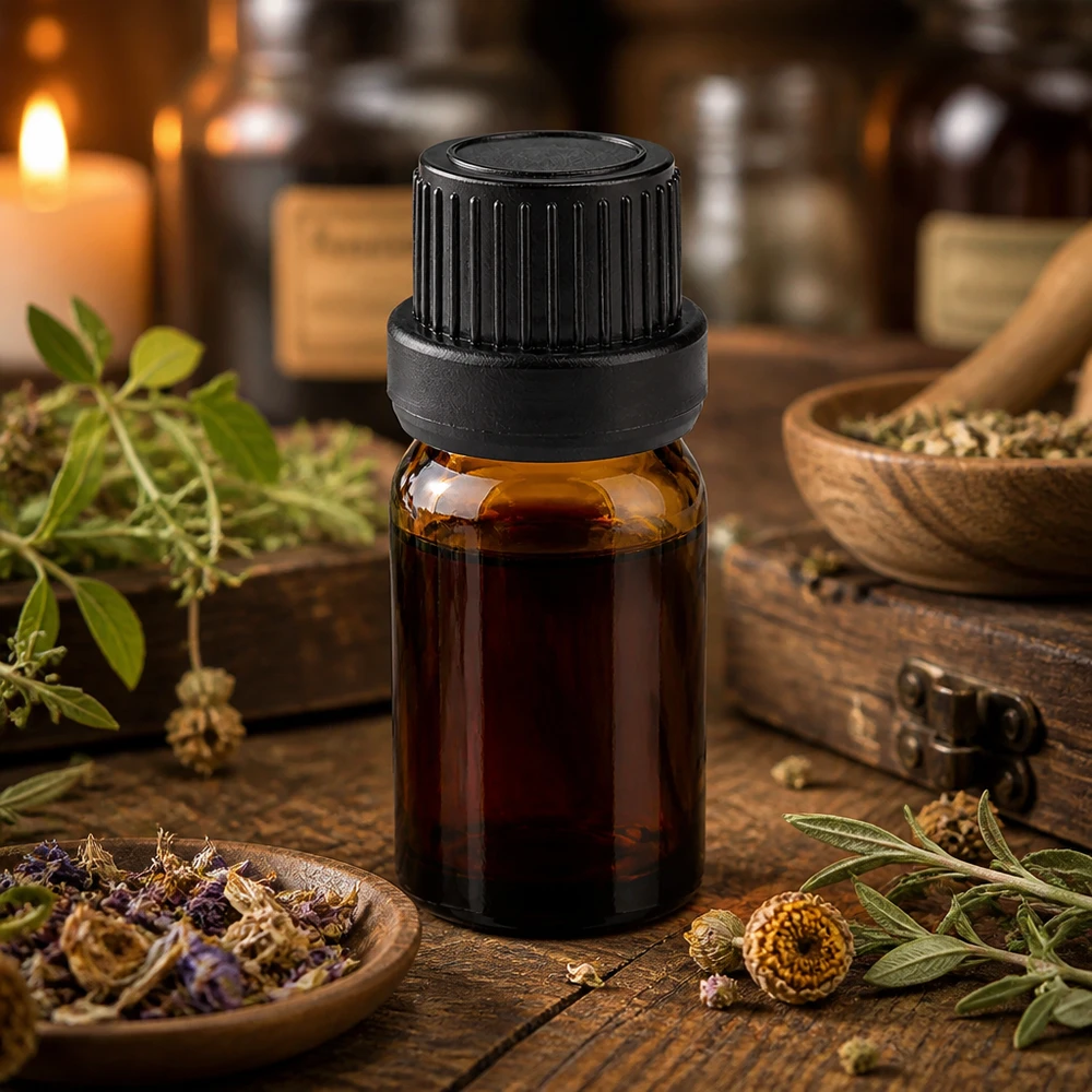 Flacone compatto da 5 ml in vetro marrone con tappo contagocce nero per essenze e tinture a base di erbe