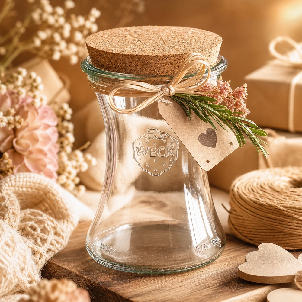 Vasetto da 370 ml WECK RR80 con tappo in sughero naturale Vaso per salumi WECK 370ml RR80 con coperchio in sughero in confezione regalo con fiocco e ciondolo a cuore