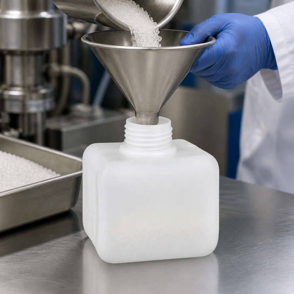 Flacon carré blanc en PE-HD pour produits chimiques, 250 ml, bouchon GL28, avec entonnoir en acier inoxydable, posé sur une paillasse de laboratoire