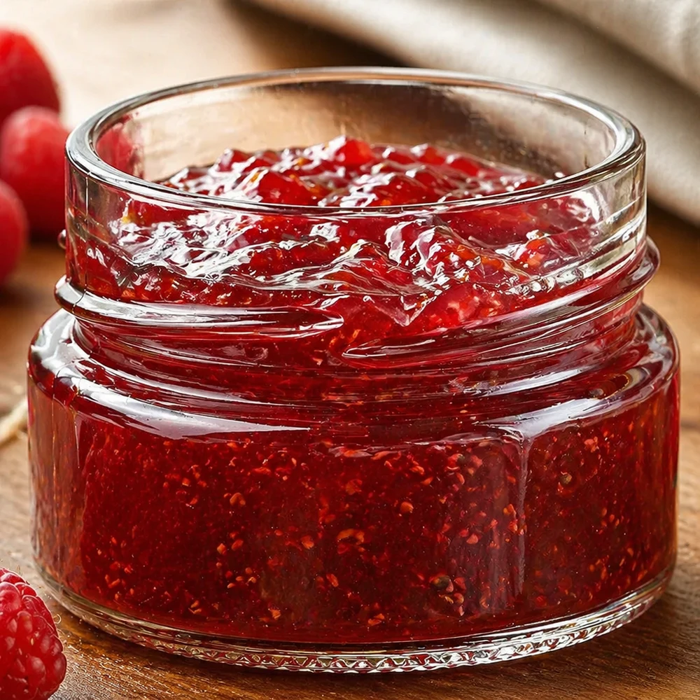 UNiTWIST Runda80 vaso rotondo 80ml TO58deep riempito di marmellata rossa su una base di legno con bacche