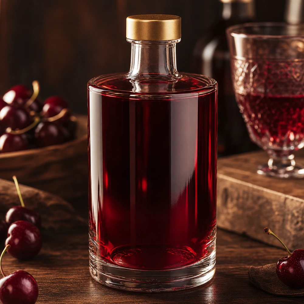 Bottiglia in vetro da 375 ml Sam + tappo a vite oro UNiTWIST® Bottiglia di vetro da 375 ml Sam riempita con liquore di ciliegie dorato UNiTWIST tappo a vite liquore di ciliegie ambiente spiriti
