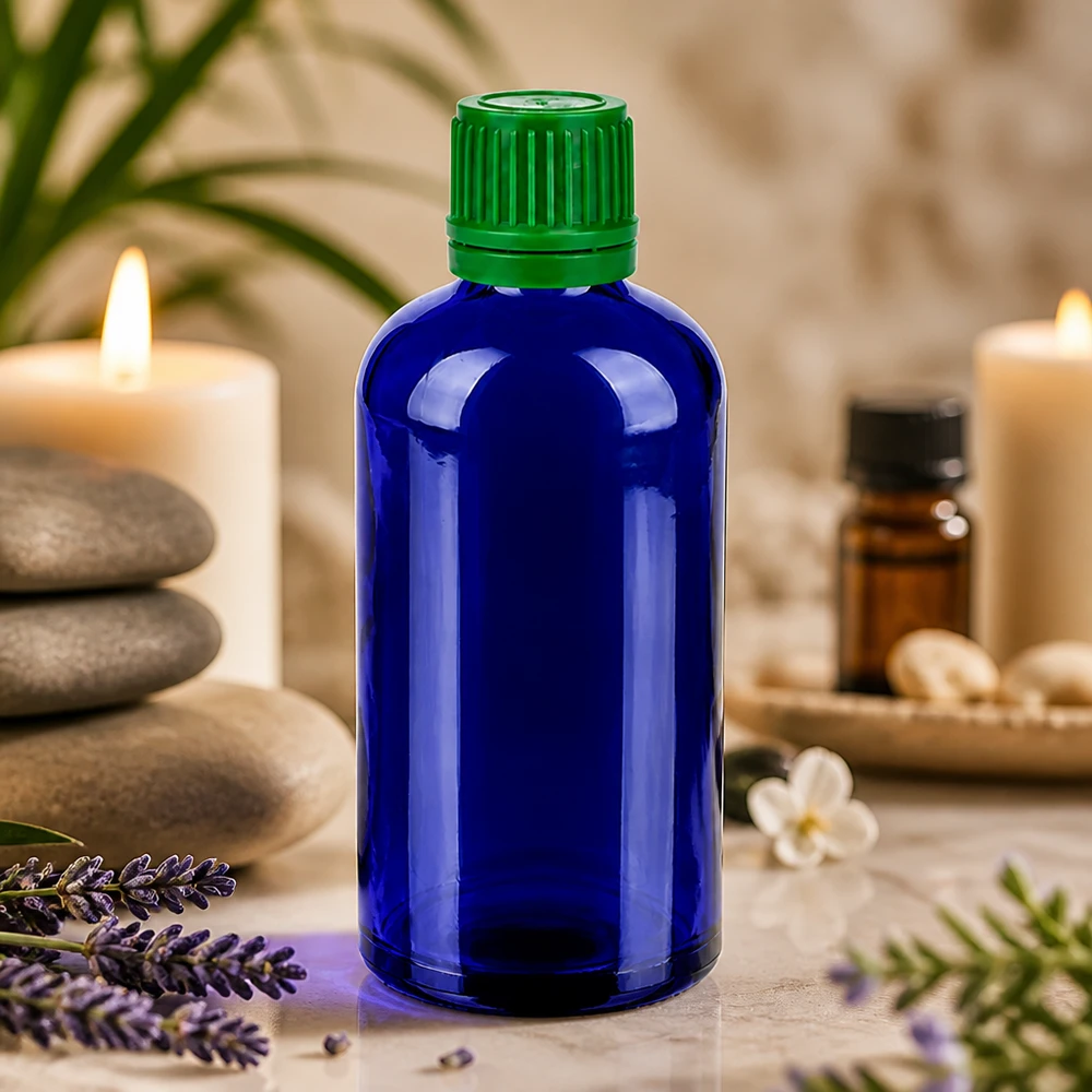 100ml Flasche 11mm Schraubverschluss grün Originalitätsverschluss BlueLine UT18/100 Robuste Glasflasche 100ml in tiefem Blau mit auslaufsicherem grünem Originalitätsverschluss