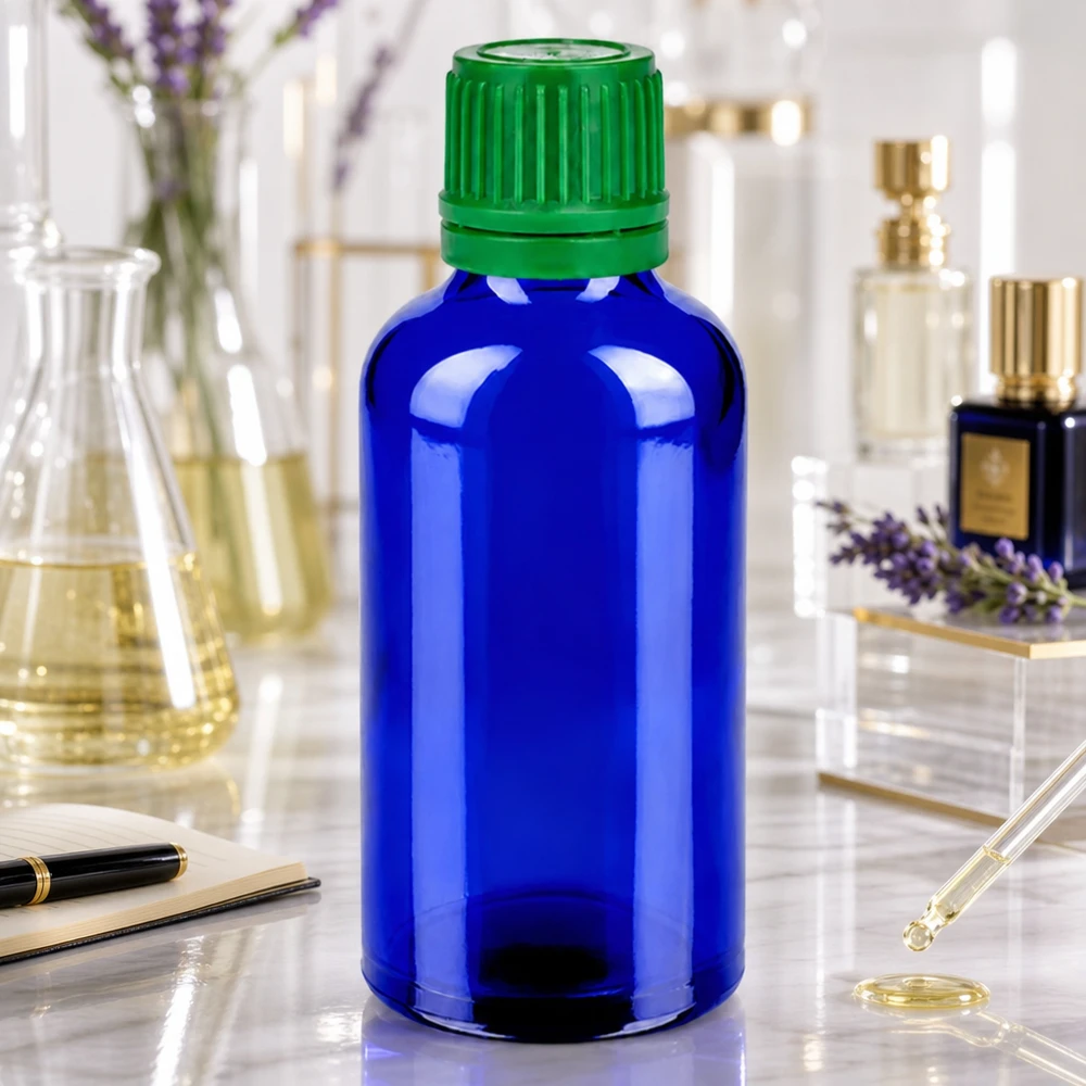 Moderno flacone di design da 50 ml con combinazione di colori blu-verde a contrasto per prodotti di alta qualità