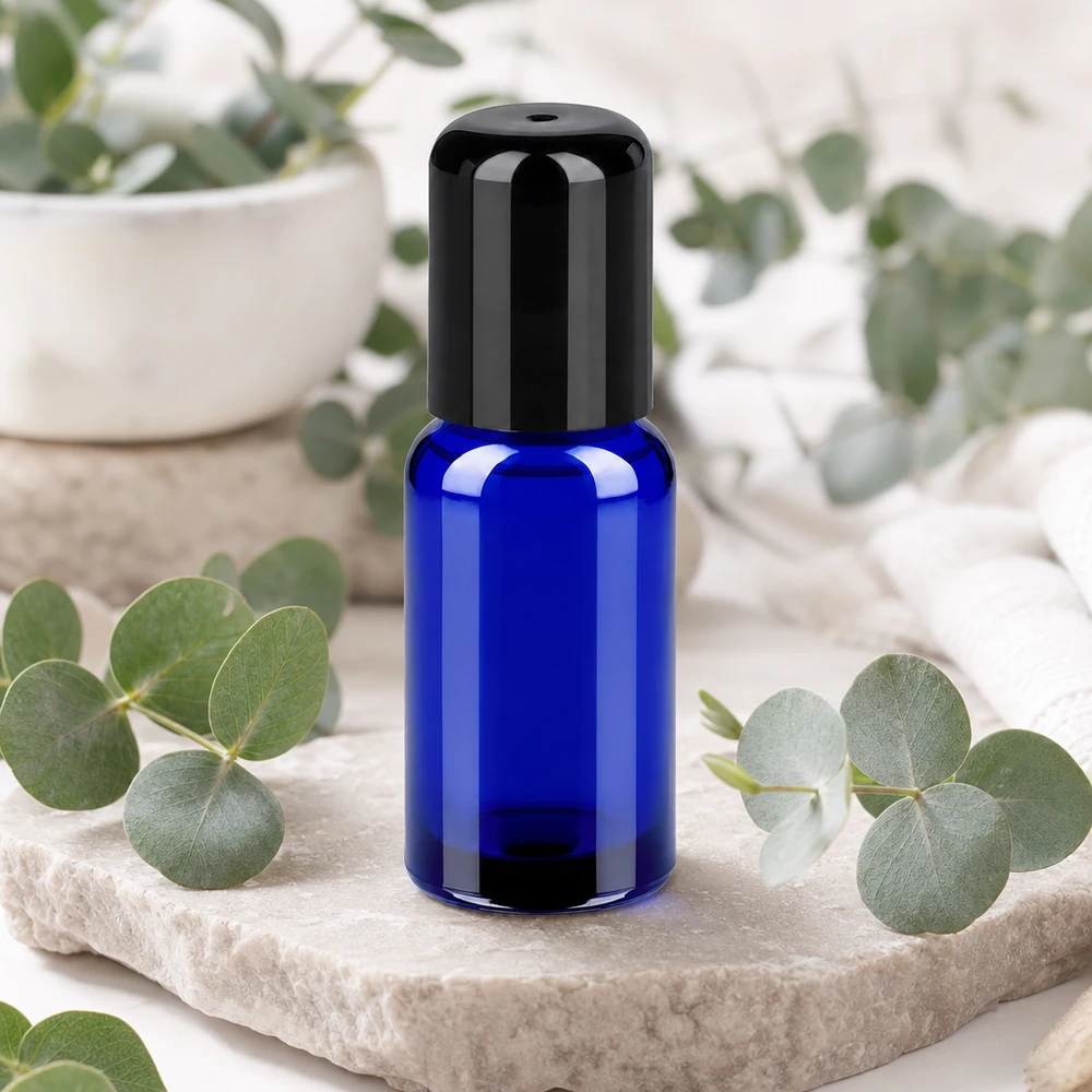 Flacone ergonomico in vetro da 20 ml con tappo roll-top dall'elegante design blu e nero
