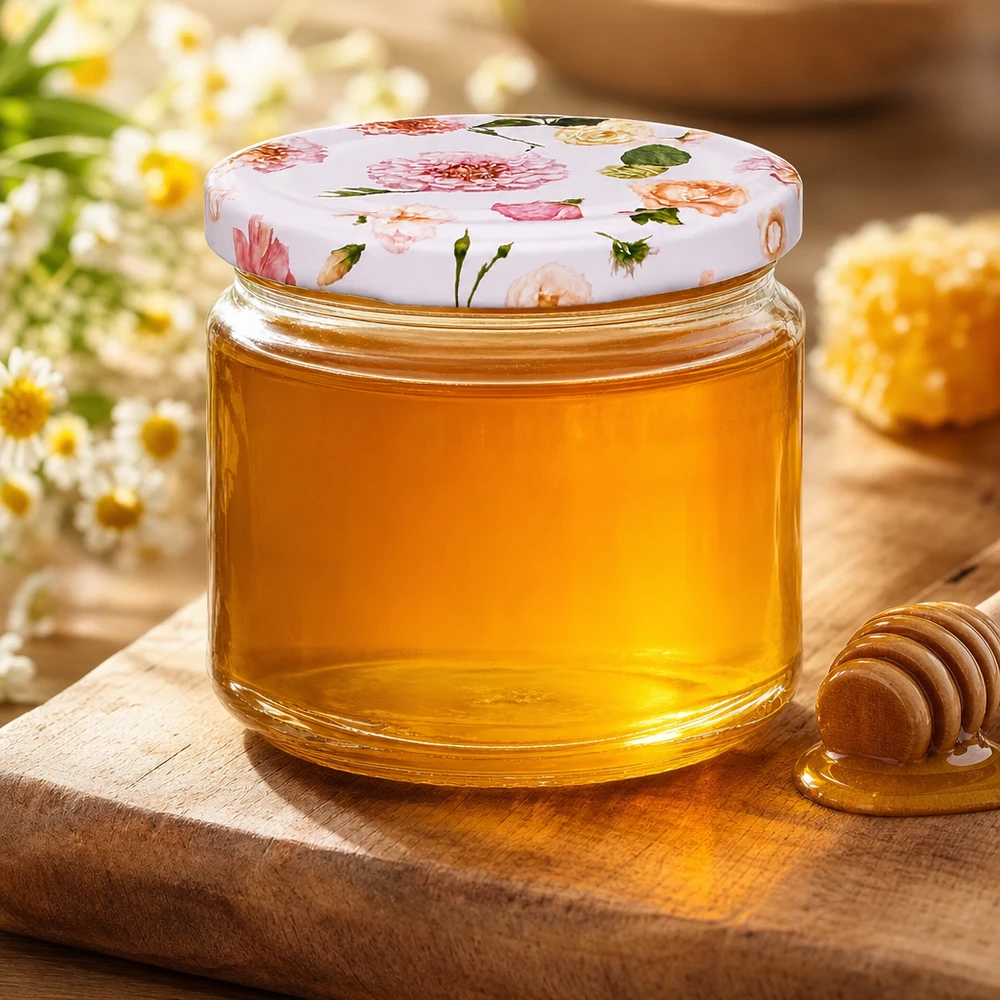 330ml Rundglas + BasicSeal Deckel Blume rosa UNiTWIST 330ml Rundglas rosa Blütenmuster mit Honig befüllt Holzlöffel Marmeladenglas Imkerei Süßspeisen Küchendeko