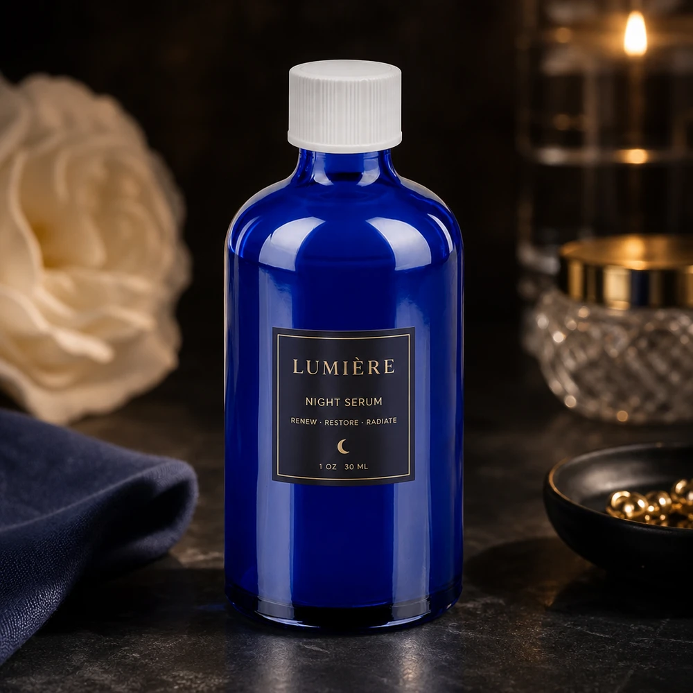 100ml Flasche 11mm Schraubverschluss weiß Standard BlueLine UT18/100 Nachhaltige Glasverpackung 100ml in Blau mit recyclebarem weißem Verschluss für Naturkosmetik
