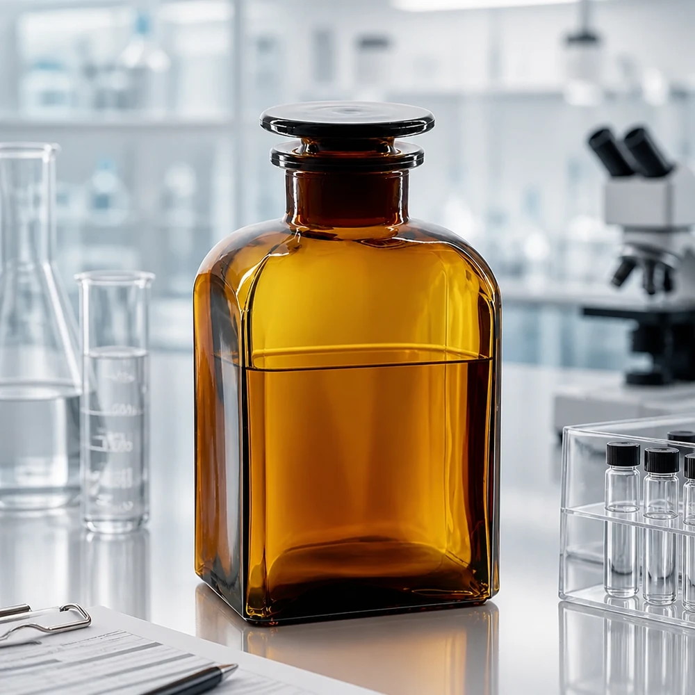 Flacone opaco da 500 ml, marrone, in vetro borosilicato, con collo largo e tappo piatto in vetro