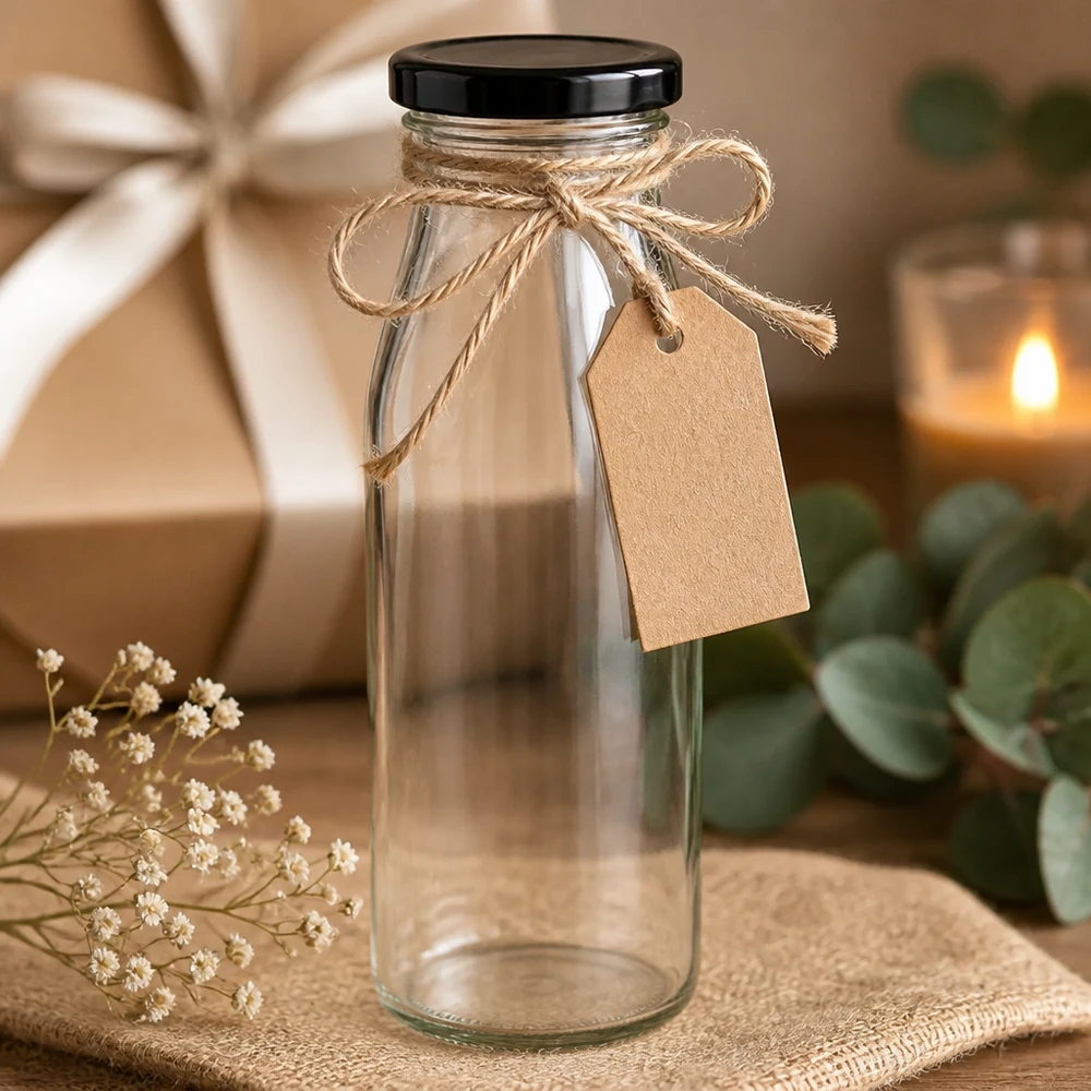 Bottiglia di vetro da 500 ml + coperchio BasicSeal nero UN... Bottiglia in vetro da 500 ml con coperchio nero in regalo, decorata con cordino di iuta e etichetta regalo rustica