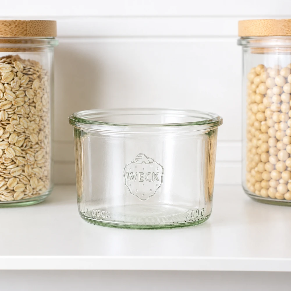Barattolo WECK RR80 da 200 ml Bicchieri WECK RR80 da 200 ml con logo sul ripiano bianco accanto ai barattoli con cereali e legumi