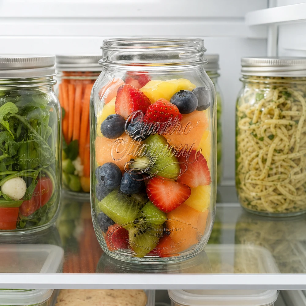 Barattolo casalingo Quattro Stagioni da 1000 ml riempito di frutta in frigorifero per la conservazione degli alimenti