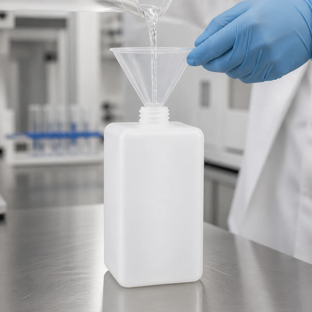 Flacon à produits chimiques 1500 ml à col étroit, PEHD couleur naturelle, GL 32 Transfert de liquide à l'aide d'un entonnoir dans une bouteille robuste à col étroit en PE-HD de 1 500 ml, qualité laboratoire