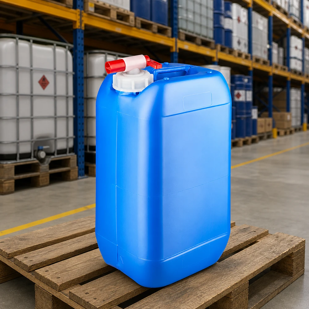 Bidon 15 litres bleu avec robinet Bidon de stockage bleu de 15 litres muni d'un robinet de vidange, posé sur une palette en bois dans l'entrepôt de produits chimiques