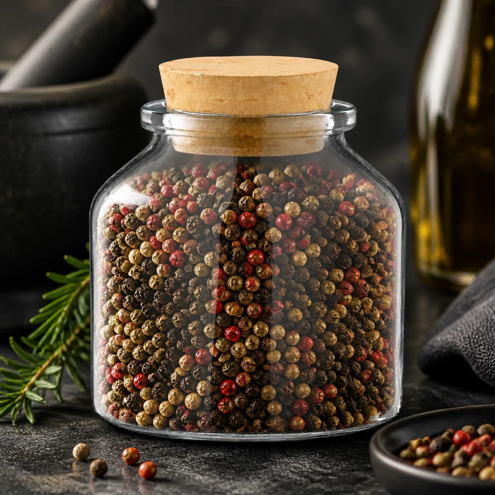 Idea barattolo per spezie: rotondo 100ml trasparente con tappo di sughero 22/26 Barattolo trasparente per spezie da 100 ml con tappo in sughero e grani di pepe multicolori in un ambiente da cucina
