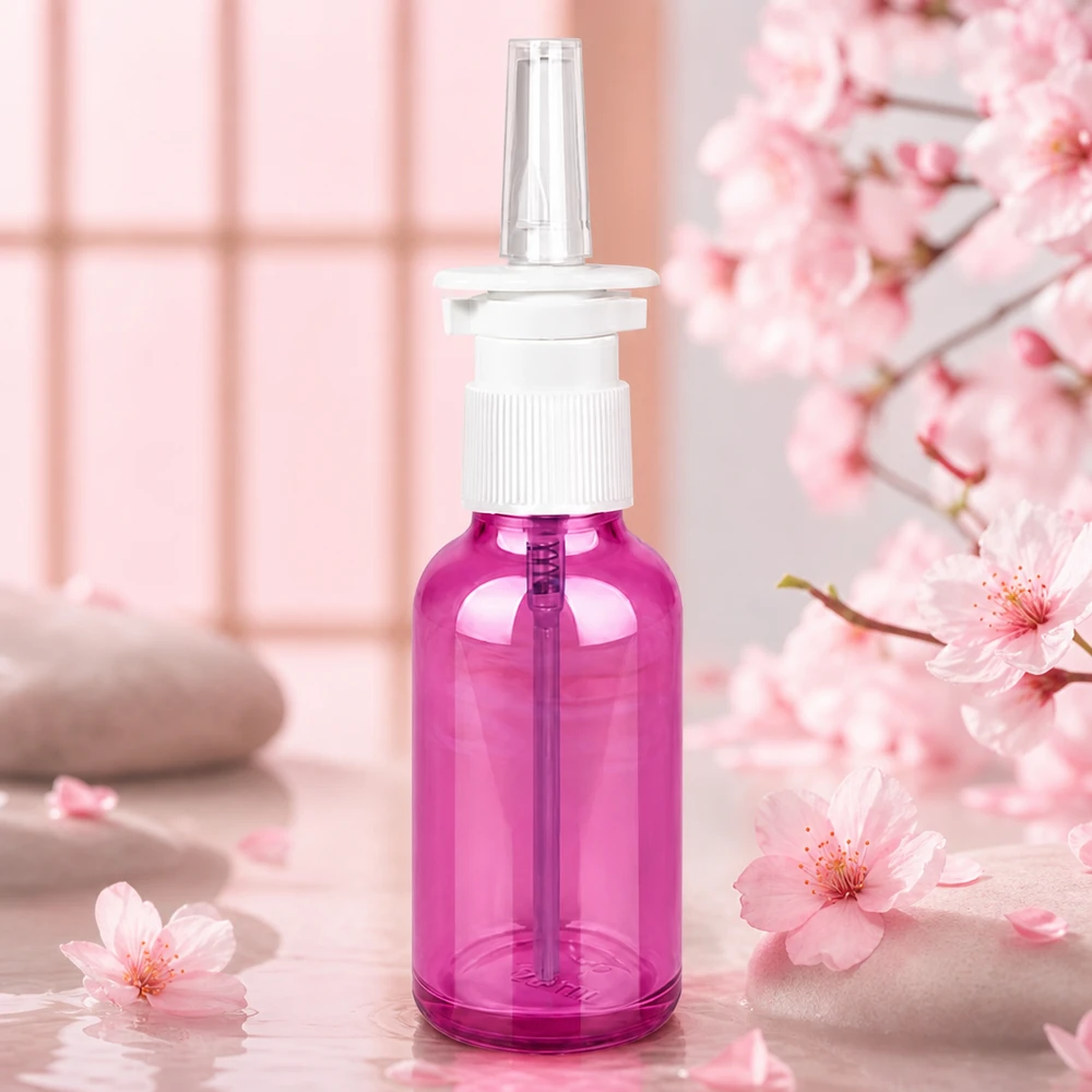 30ml Nasensprayflasche weiß/transparent Standard PurpleLine. UT18/30 Sterile 30ml Nasensprayflasche Purple-Design mit hygienischem Pumpsprüher für therapeutische Anwendungen