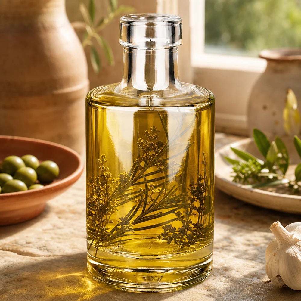 Bottiglia di vetro Marie 200ml riempita di olio alle erbe Esempio di applicazione Cucina Decorazione mediterranea Stile di vita