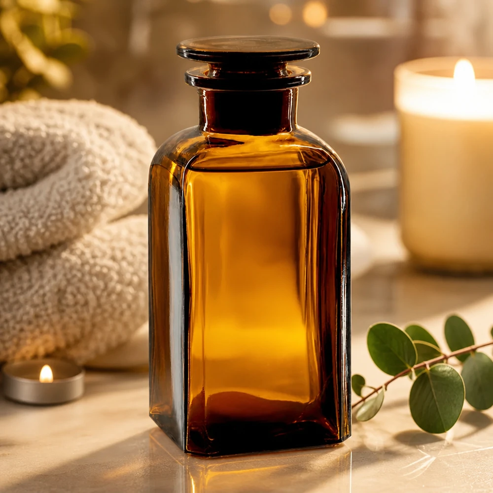 Bottiglia quadrata color ambra da 350 ml con tappo in vetro, in un'atmosfera rilassante da spa con candele