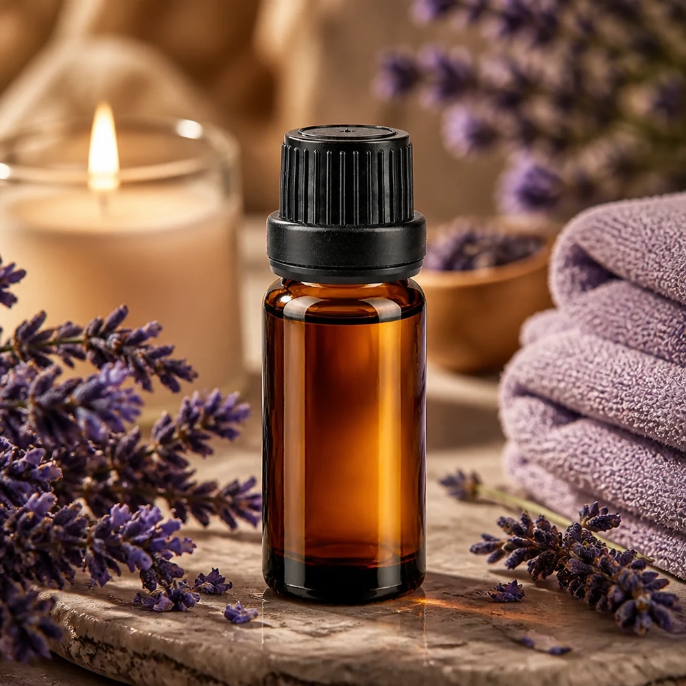 Flacone contagocce marrone da 10ml OV nero/2mm ApoGlas Flacone da farmacia marrone da 10 ml con tappo OV nero, accanto a fiori di lavanda e una candela