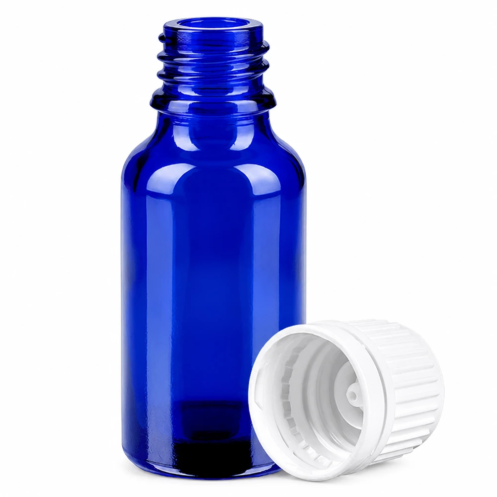 Flacone da 20ml 11mm SV bianco OV BlueLine UT18/20 Pratico flacone in vetro blu da 20 ml con tappo bianco ergonomico per una facile manipolazione.