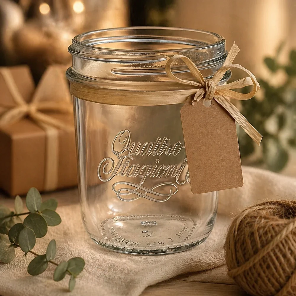 320ml Sturzglas "Quattro Stagioni" QS86mm 320ml Quattro Stagioni Einmachglas mit Schleifenband und Geschenkanhänger als Dekoration auf rustikalem Holztisch