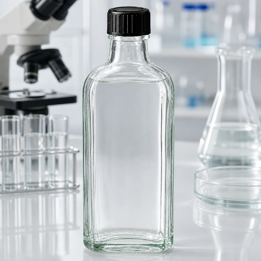100 ml Meplat klar Schraubverschluss mit LKD-Dichtscheibe Meplat Flasche 100ml aus klarem Glas mit schwarzer Schraubkappe und Dichtung