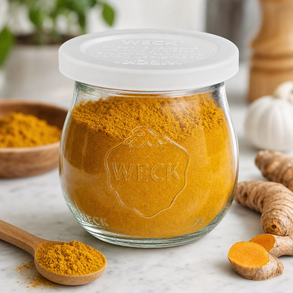 Barattolo a tulipano da 75 ml con coperchio salvafreschezza WECK RR40 Vaso a tulipano WECK 75ml RR40 riempito di polvere di curcuma accanto a radici di curcuma fresche e cucchiaio di legno su marmo