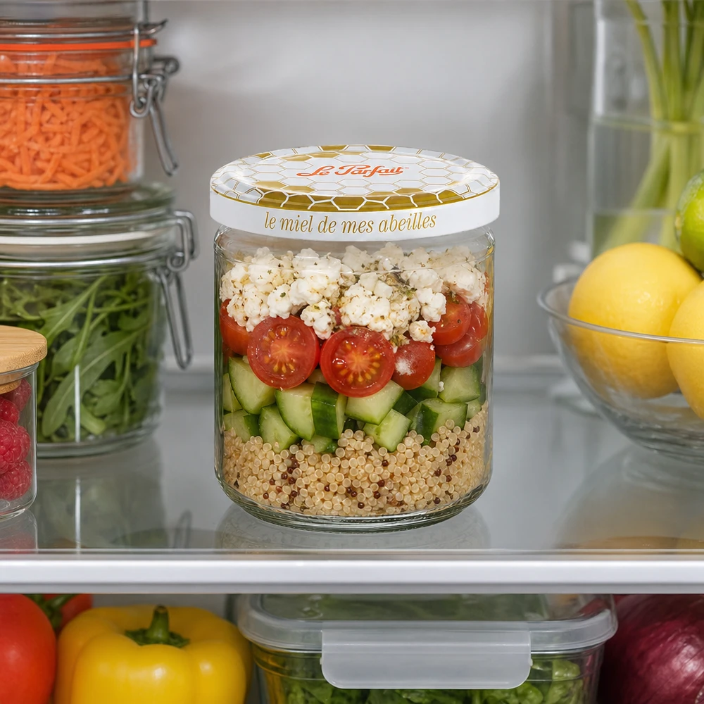 Le Parfait® vaso miele 212 ml Ø63 mm Vasetto Le Parfait Miele 212ml con insalata a strati di quinoa, cetrioli, pomodori e feta in frigorifero