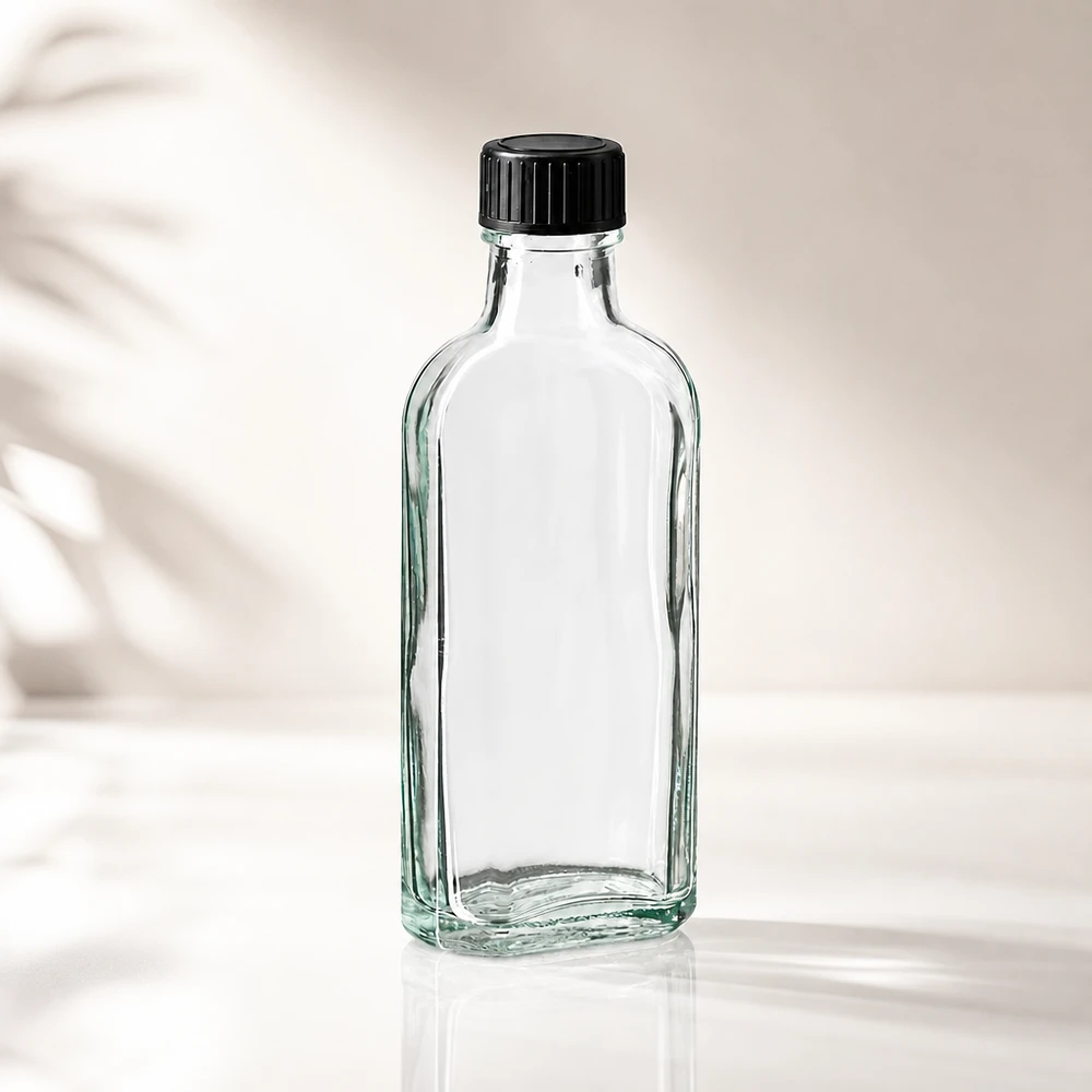 Kleine 100ml Glasflasche im Meplat Design klar ideal für Öle Essenzen und Kosmetikprodukte