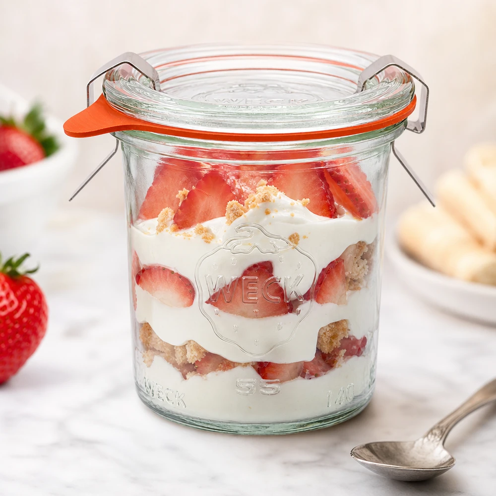 140ml Sturzglas komplett WECK RR60 WECK Sturzglas 140ml RR60 mit Erdbeer-Sahne-Dessert gefüllt als Portionsglas mit frischen Erdbeeren und Kekskrümeln